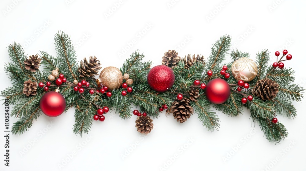 christmas branches border with christmas decorations on white background christmas branches border with christmas decorations on white background