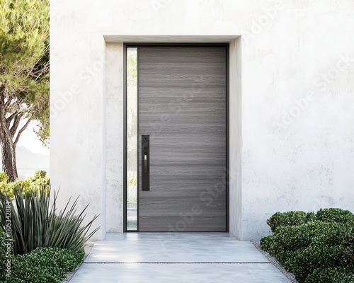 Simple gray wood door with sidelite and concrete path, framed by landscaping.
