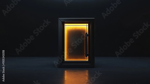 Black bank safe with opening steel door and golden light inside