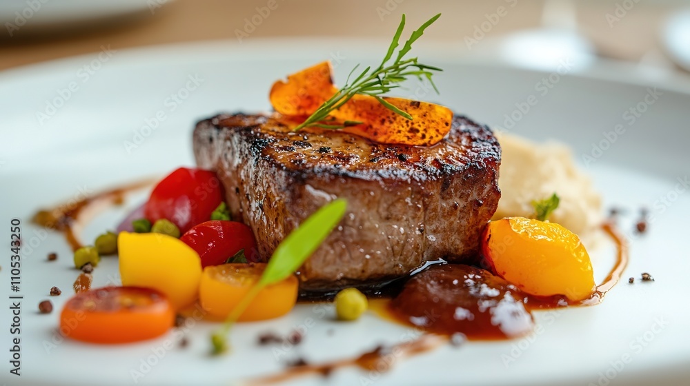 Grilled steak with colorful vegetables on plate Grilled steak with colorful vegetables on plate