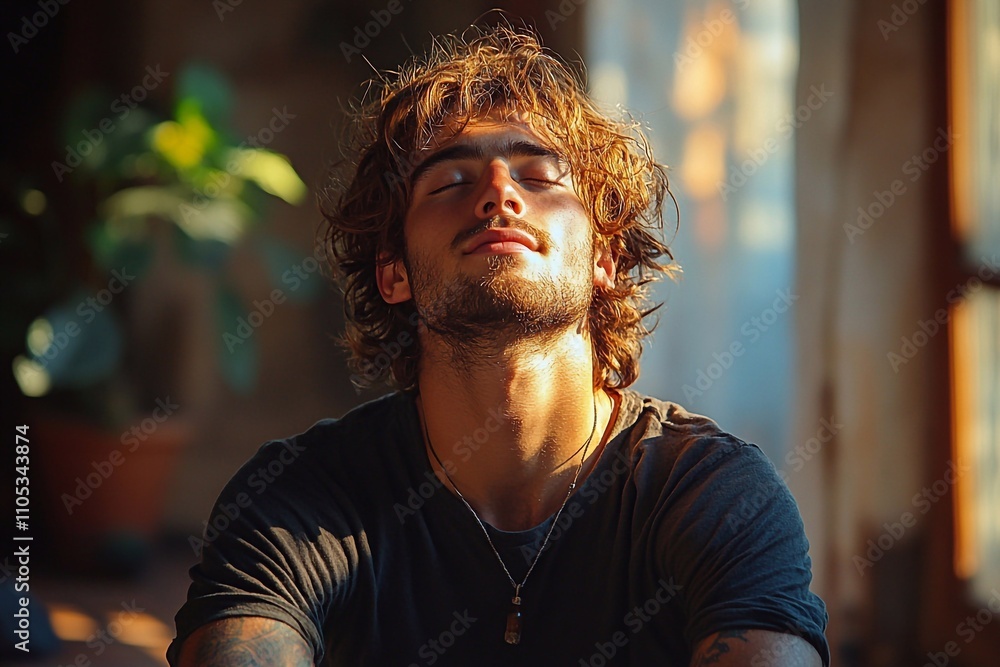 A man sits in a cozy home setting, deep in thought. His posture is relaxed, but his gaze is directed into the distance or downwards, which gives a sense of seriousness or dreaminess. A man sits in a cozy home setting, deep in thought. His posture is relaxed, but his gaze is directed into the distance or downwards, which gives a sense of seriousness or dreaminess.