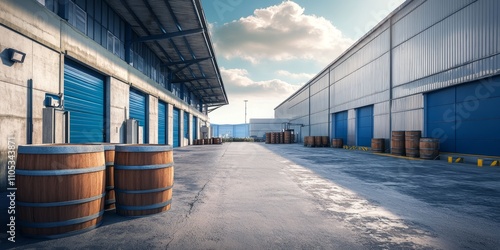 Industrial premises featuring barrels near an industrial building, complemented by a hangar with blue gates and a warehouse area. Explore the concept of renting industrial premises for various needs. photo