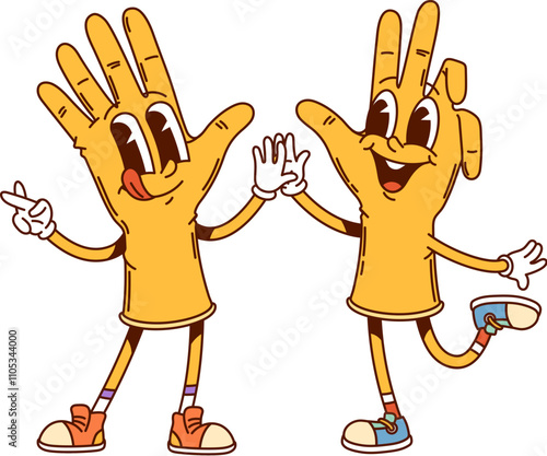 Groovy rubber gloves characters ready to protect hands during cleanup. Isolated cartoon vector pair of yellow gloves retro personages engage in playful household cleaning activities and washing chores