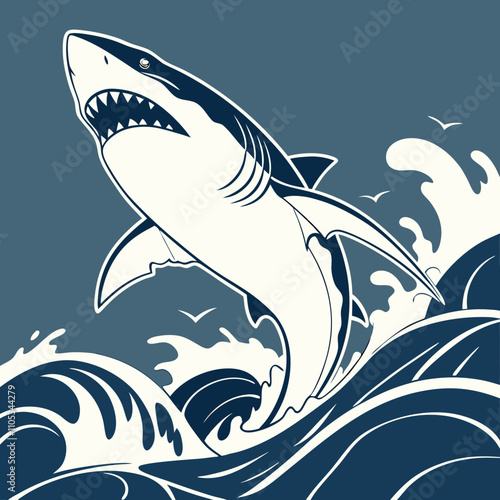 Dynamic vector art capturing the raw power and commanding presence of a Great White Shark in striking detail.