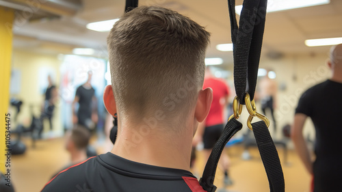 Man's back in gym with suspension training straps.. photo