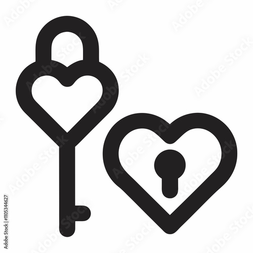 lock and key heart line icon black on white