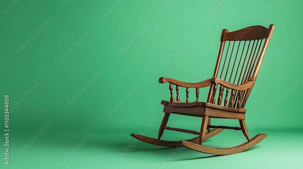 A handcrafted wooden rocking chair with curved armrests and spindles, rustic pine wood finish, set on a solid green background, natural daylight effect, cozy and nostalgic A handcrafted wooden rocking chair with curved armrests and spindles, rustic pine wood finish, set on a solid green background, natural daylight effect, cozy and nostalgic