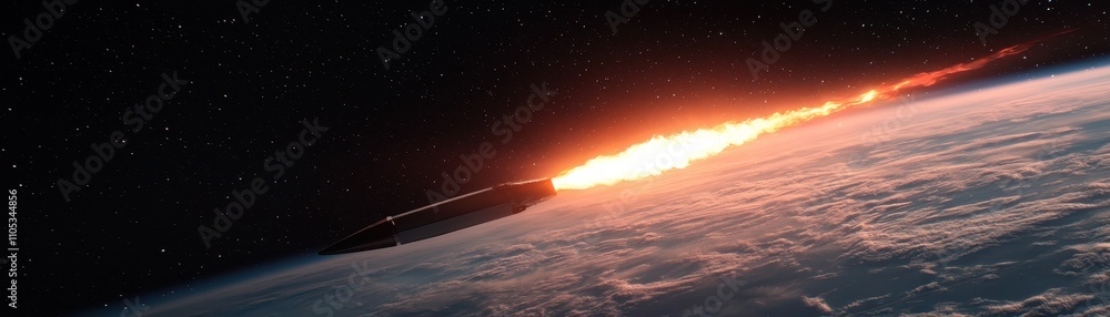 A dramatic view of a spacecraft entering Earth's atmosphere, leaving a fiery trail against the backdrop of space.