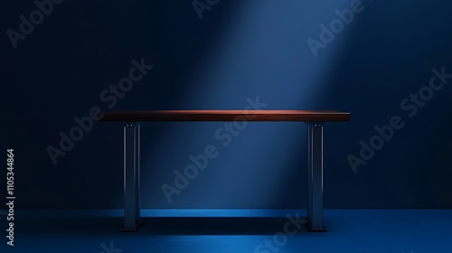 A wooden office desk with sleek metal legs, deep mahogany finish, placed against a solid navy blue background, bright directional lighting, professional and elegant