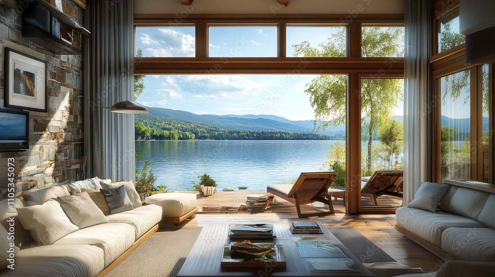 Fototapeta premium Cozy Lake House Living Room With Lake View