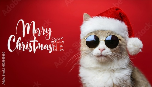 Frohe Weihnachten Urlaub Winter Grußkarte mit deutschem Text - Süße Katze mit Weihnachtsmannmütze, Sonnenbrille und Geschenk, isoliert auf rotem Hintergrund