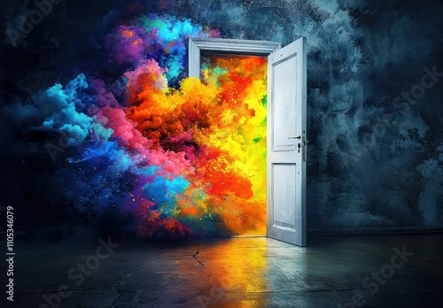 A vivid array of colors bursts from an open door, contrasting against dark tones.
