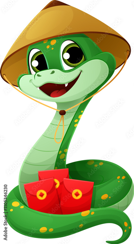 Obraz premium Cartoon snake character wearing Chinese traditional conical hat holds three red gift envelopes with money, celebrating the Lunar Year 2025. Vector cute festive reptile representing holiday celebration