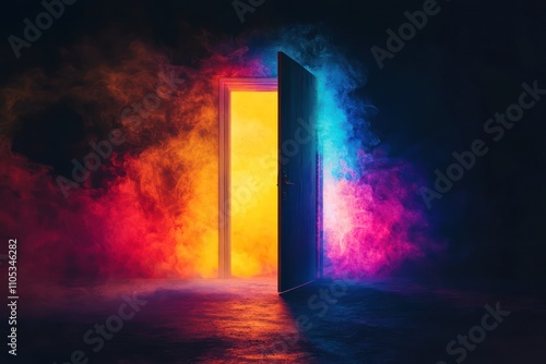 Bright colors pour from an open door, set against a contrasting dark background.