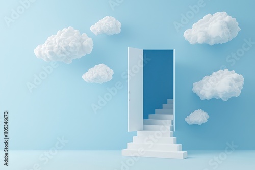 3D depiction of an open door with stairs and clouds in a blue room.