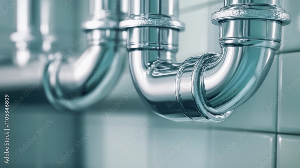 Shiny metal pipes with U-bends against a tiled wall, AI Shiny metal pipes with U-bends against a tiled wall, AI