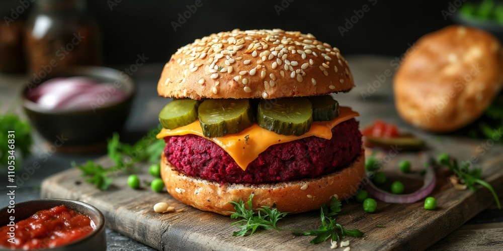 Delicious vegan burger featuring a blend of beans, beetroot, and peas, topped with vegan cheese and pickles. This vegan burger showcases a healthy homemade recipe for a nutritious meal. Delicious vegan burger featuring a blend of beans, beetroot, and peas, topped with vegan cheese and pickles. This vegan burger showcases a healthy homemade recipe for a nutritious meal.