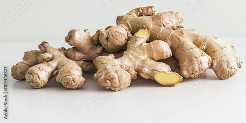 Fresh ginger root, also known as ginger rhizome, isolated on a white background provides a simple yet effective visual. This fresh ginger root cutout highlights the unique texture of ginger. photo