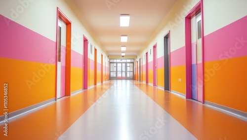 Open, colorful hallway with bright walls and modern finishes, ready for students.