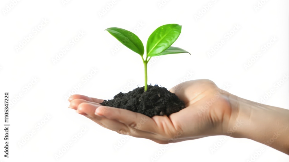 A Small Green Plant Sprouting from Soil Held in a Hand A Small Green Plant Sprouting from Soil Held in a Hand