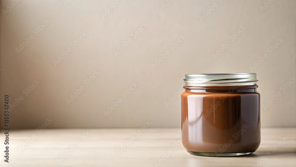 A glass jar filled with rich, dark brown chocolate spread sits on a light wooden surface against a neutral background. A glass jar filled with rich, dark brown chocolate spread sits on a light wooden surface against a neutral background.