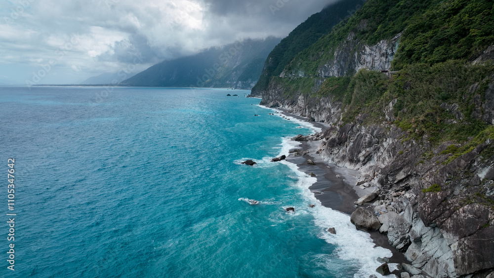 Scenic coastline view in Hualien, Taiwan, showcasing rocky cliffs and turquoise waters