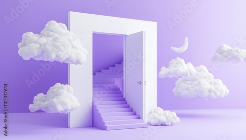 A 3D door opens into clouds and stairs, set in a purple minimalist room.
