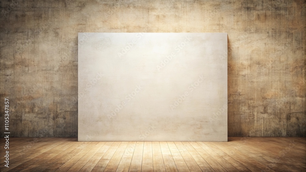 Blank Canvas Against a Textured Wall in a Room with Wooden Floor Blank Canvas Against a Textured Wall in a Room with Wooden Floor