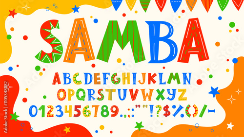 Circus font, doodle cute type, carnival typeface, kids funny english alphabet letters and numbers on confetti vector background. Funny color abc characters and symbols with circus carnival pattern