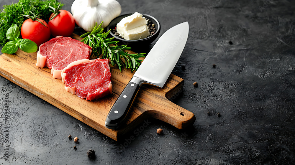 Premium culinary experience preparing raw steak with fresh ingredients in a modern kitchen environment Premium culinary experience preparing raw steak with fresh ingredients in a modern kitchen environment