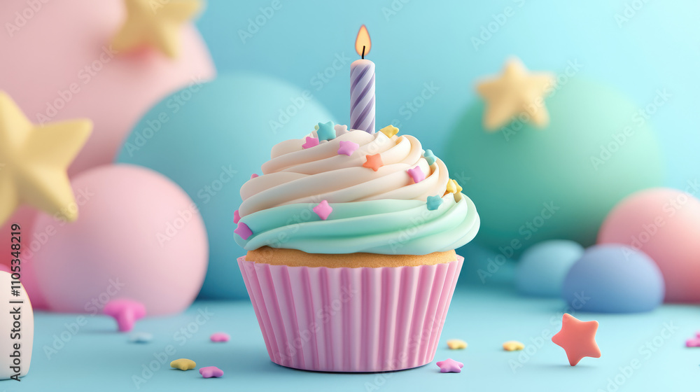 A delightful 3D cupcake in pastel tones, featuring a single lit candle and floating decorations like balloons and confetti. A delightful 3D cupcake in pastel tones, featuring a single lit candle and floating decorations like balloons and confetti.