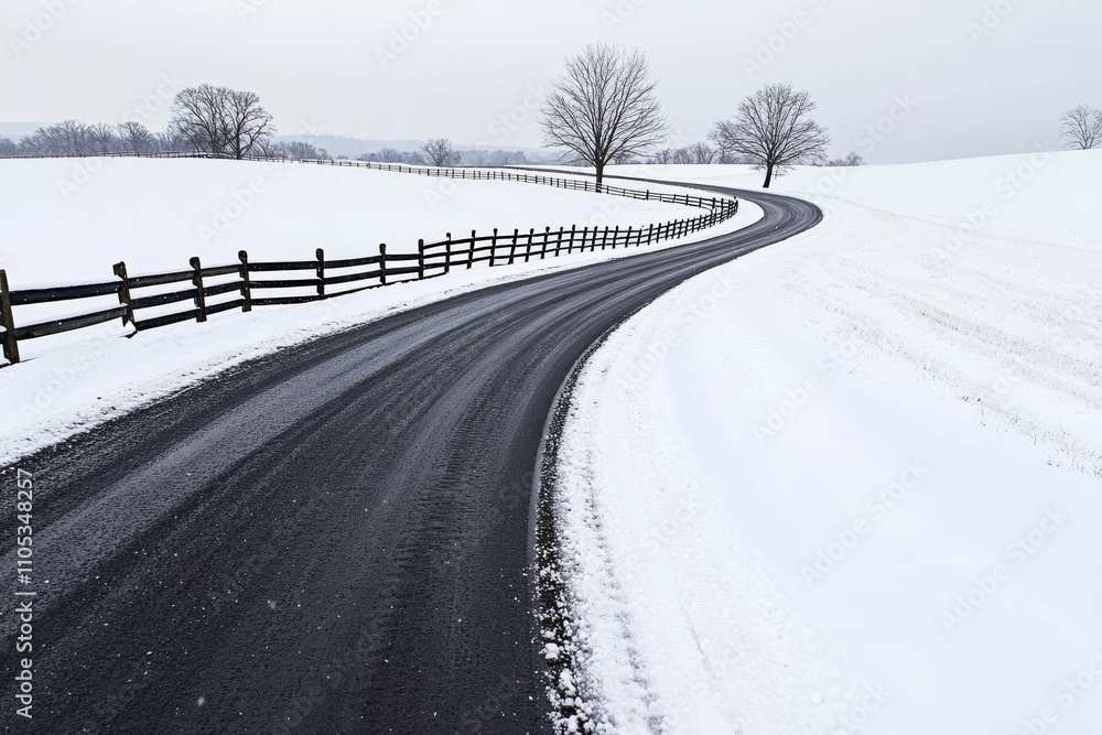 Fototapeta premium C 2023 A gentle snowfall over a quiet country road with copy space.