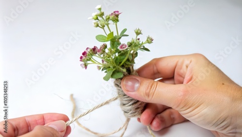 Hand Holding a Small Bouquet Tied with Twine