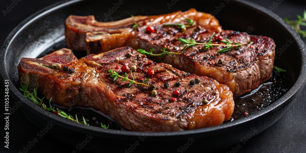 Sizzling grilled ribeye beef steak in a frying pan, infused with aromatic herbs and spices, showcases the delicious appeal of ribeye beef steak, perfect for culinary enthusiasts. Sizzling grilled ribeye beef steak in a frying pan, infused with aromatic herbs and spices, showcases the delicious appeal of ribeye beef steak, perfect for culinary enthusiasts.