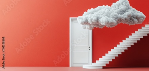 An open door in a red room with clouds and stairs in a minimalist design.