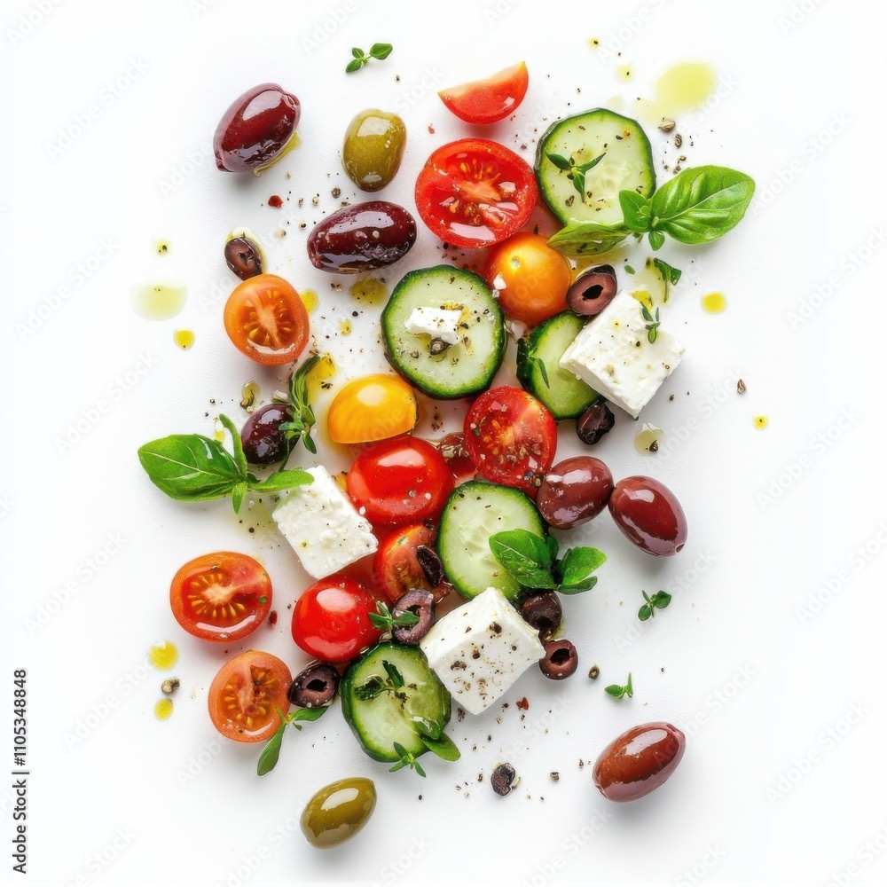 Top view of beautifully arranged Greek salad with fresh tomatoes, cucumbers, olives and feta cheese on isolated white background. Top view of beautifully arranged Greek salad with fresh tomatoes, cucumbers, olives and feta cheese on isolated white background.