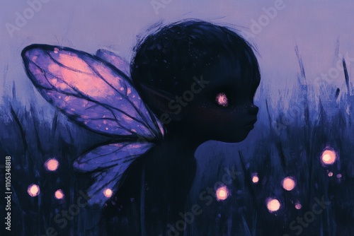 A close up of a fairy queen with delicate wings, surrounded by flowers and glowing orbs. photo