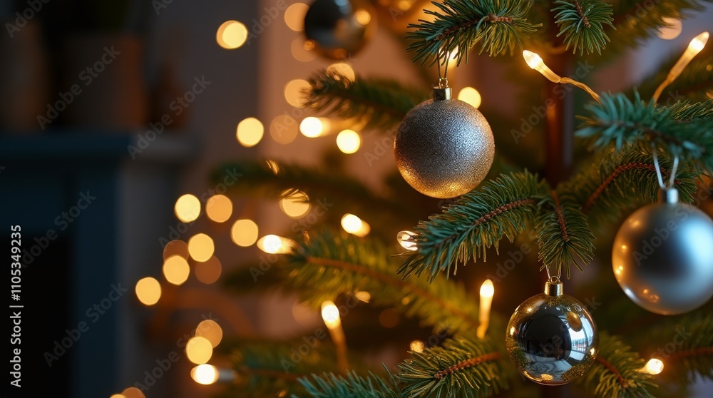 Christmas tree with silver and gold baubles, illuminated by warm lights in a cozy setting Christmas tree with silver and gold baubles, illuminated by warm lights in a cozy setting