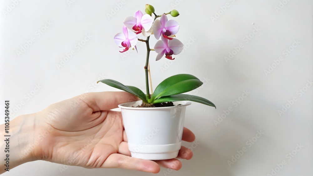 A Hand Holding a Small Potted Pink Orchid Plant A Hand Holding a Small Potted Pink Orchid Plant