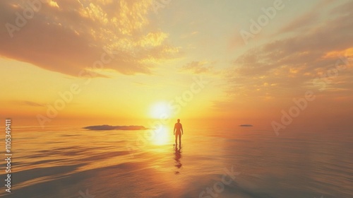 person walking along the beach at sunset, golden light over calm ocean, serene and tranquil scene, realistic water texture, isolated open sky, peaceful and quiet ambiance