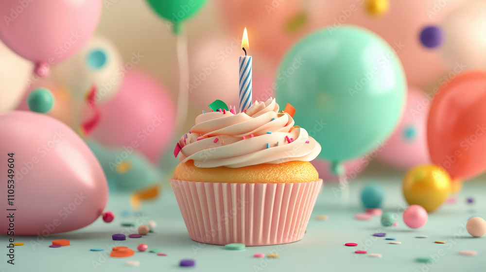 A delightful 3D cupcake featuring pastel pink frosting, a candle on top, and tiny festive accents like confetti and balloons. A delightful 3D cupcake featuring pastel pink frosting, a candle on top, and tiny festive accents like confetti and balloons.