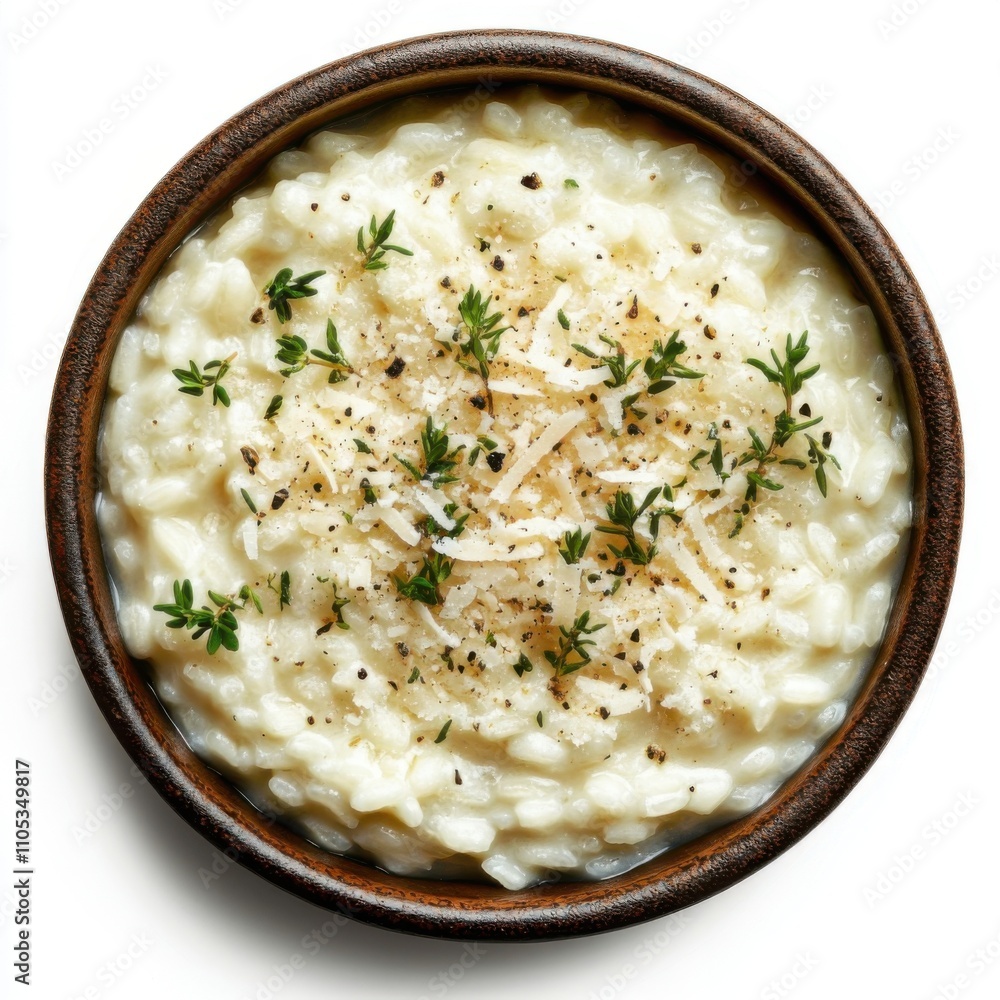 Creamy risotto bowl topped with parmesan cheese and herbs, adding texture and creaminess to the rice, on an isolated white background. Creamy risotto bowl topped with parmesan cheese and herbs, adding texture and creaminess to the rice, on an isolated white background.