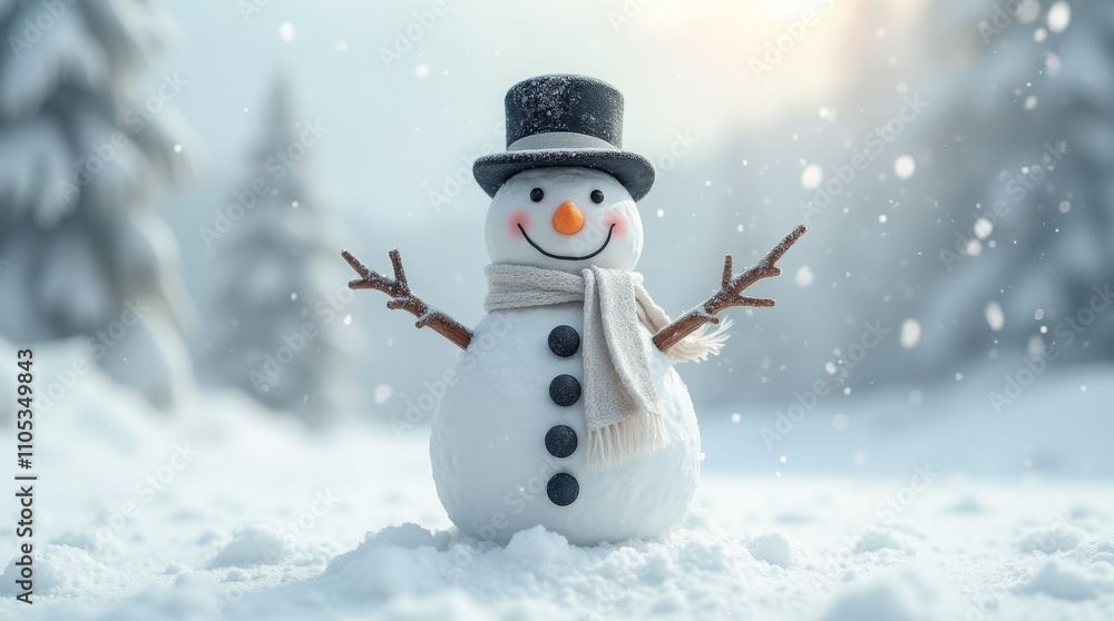 Happy snowman with black hat and beige scarf in a snowy landscape with falling snowflakes Happy snowman with black hat and beige scarf in a snowy landscape with falling snowflakes