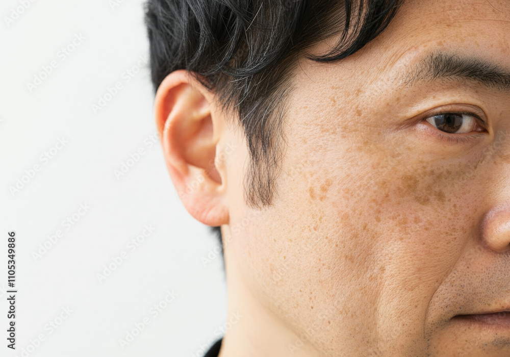 Close-up of freckles and sunspots around the right cheekbone of a man in his 40s Close-up of freckles and sunspots around the right cheekbone of a man in his 40s