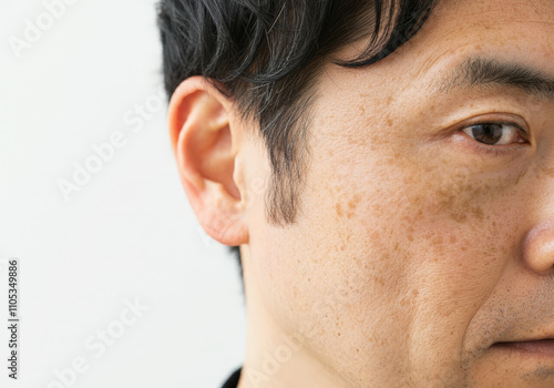 Close-up of freckles and sunspots around the right cheekbone of a man in his 40s