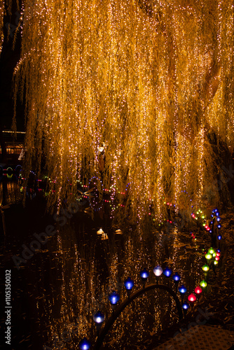 the lake in the New Year's lights, at night, in the Tivoli gardens, next to the willow branches in warm garlands