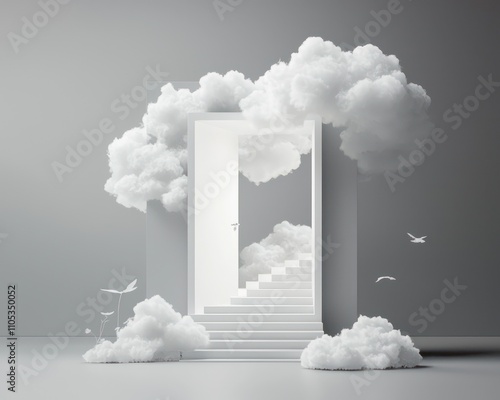 A door leading to stairs and clouds in a minimalist gray room with subtle accents.