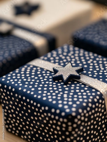 close up of hanukkah gifts with decorative silver and blue the stars of david. photo