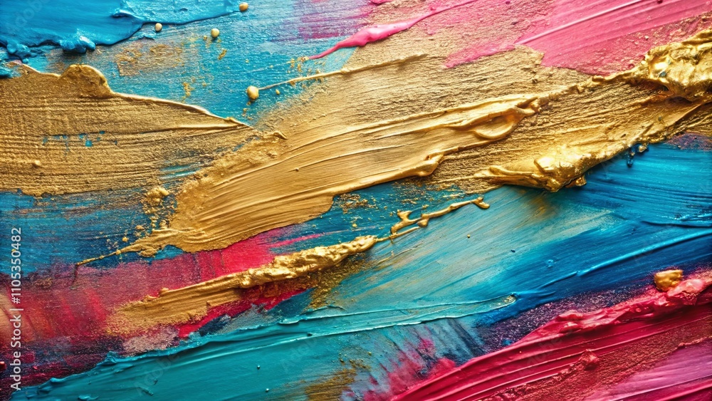 Fototapeta premium Abstract Gold, Teal, and Crimson Paint Texture Vibrant Swirls and Bold Strokes