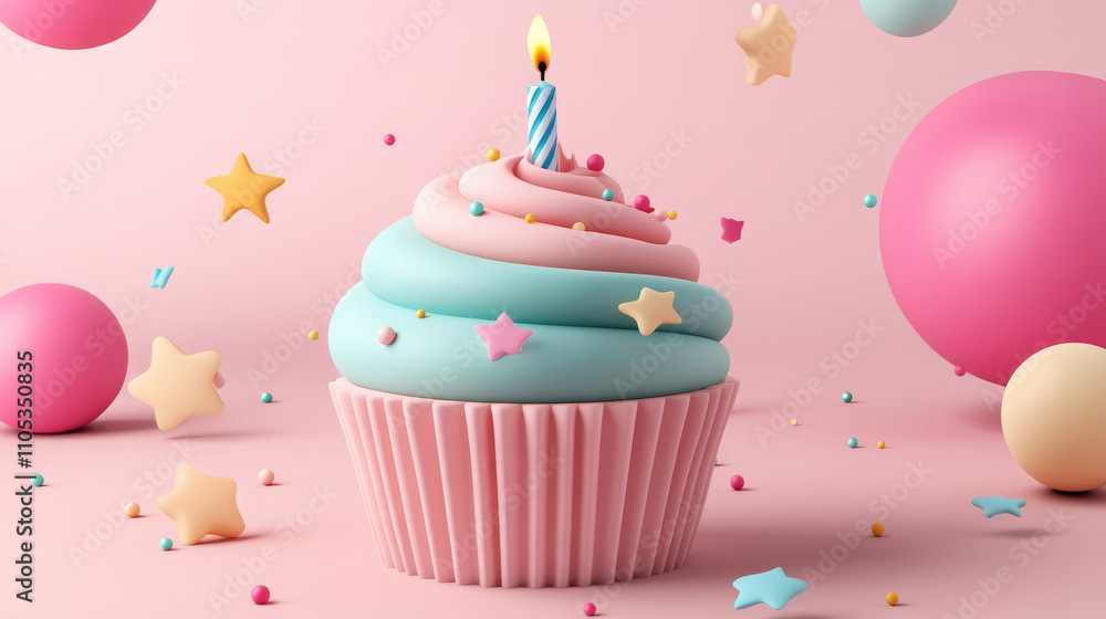 A smooth pastel-colored 3D cupcake topped with a single candle, surrounded by tiny birthday accents like stars and balloon. A smooth pastel-colored 3D cupcake topped with a single candle, surrounded by tiny birthday accents like stars and balloon.
